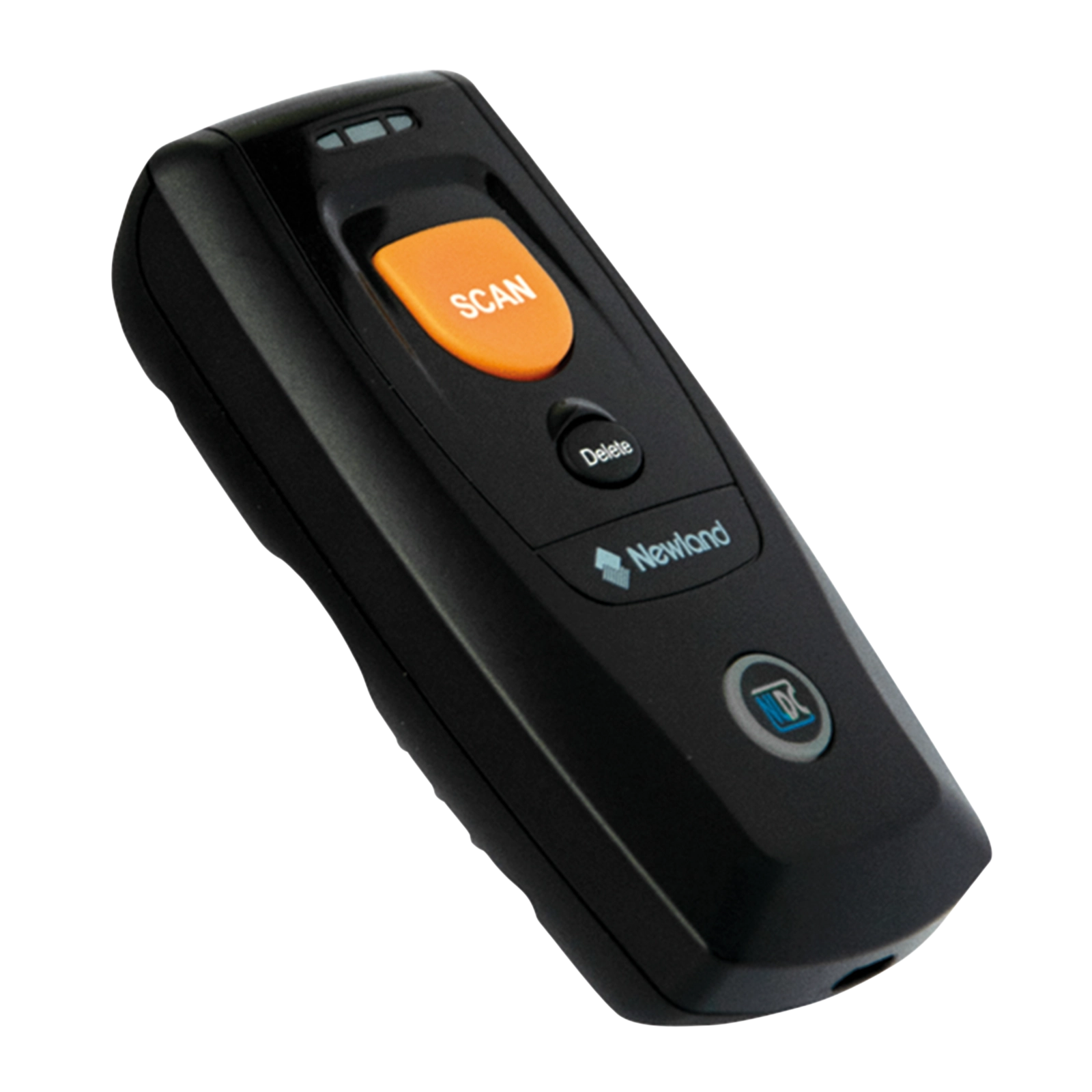 Close-up of the compact black Newland BS80 Piranha 1D Bluetooth handheld barcode scanner with orange scan button and USB-C port for retail, warehouse and hospitality use