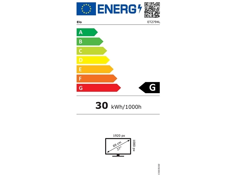 EU energy label for EloTouch 2794L 27-inch open frame PCAP touch monitor, class G, 30 kWh/1000h, Full HD 1920 x 1080 display for kiosks and OEM builds