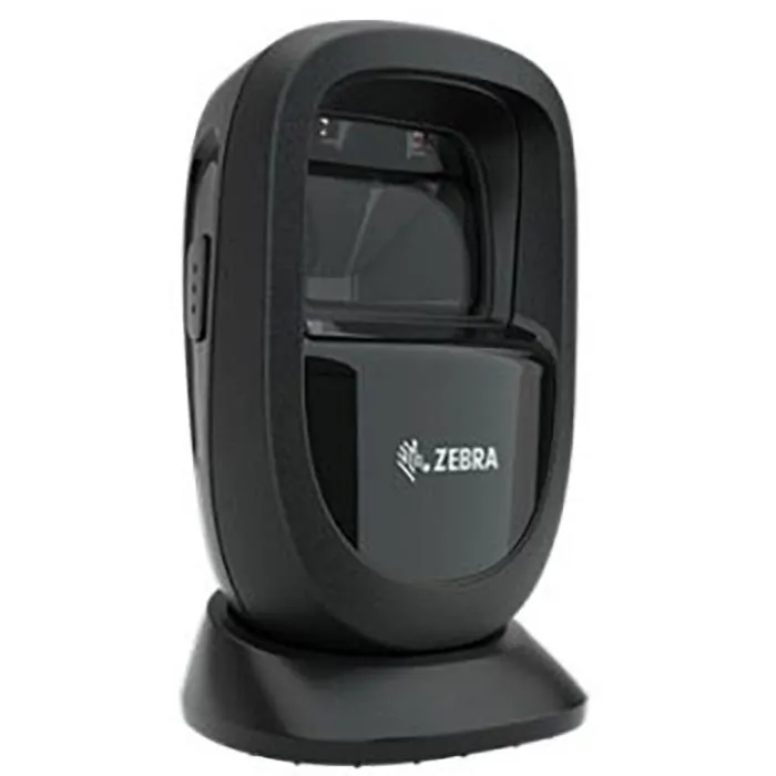 Schwarzer Zebra Barcode-Scanner auf Ladestation für Kasse, Lager und Handel