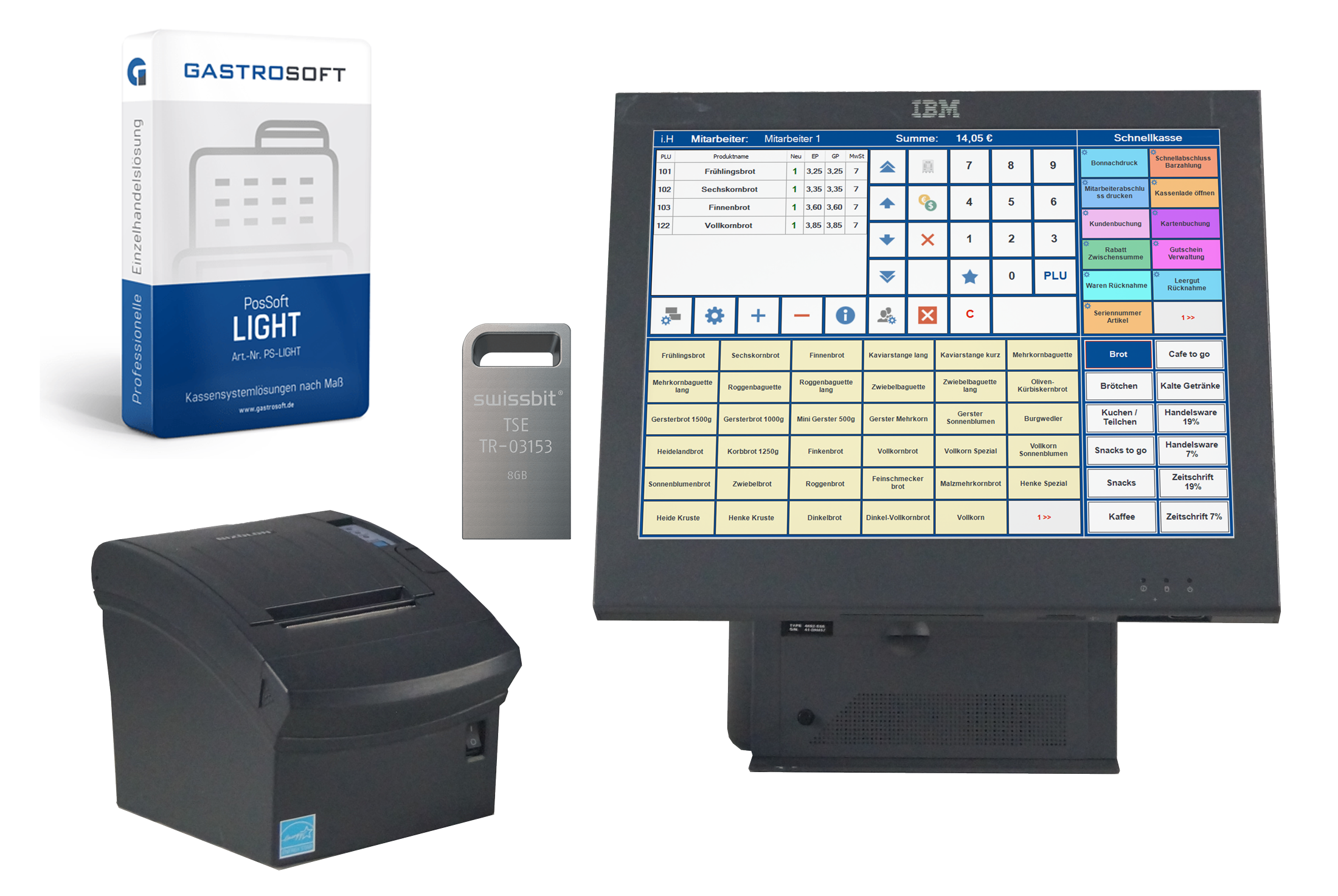 Handel Kassensystem 15 Zoll Touch IBM StarterSet + Kassensoftware PosSoft + TSE-VIP-Paket