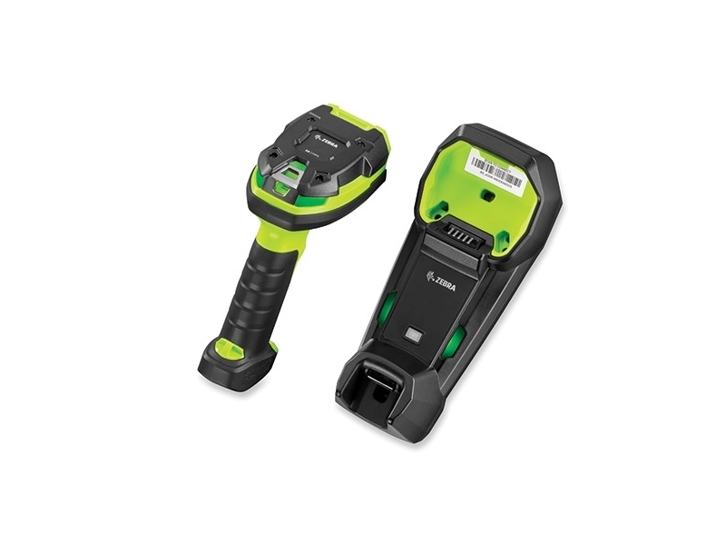 Zebra DS3678-SR rugged Bluetooth 1D/2D barcode scanner with charging cradle, designed for efficient warehouse scanning and USB kit setup