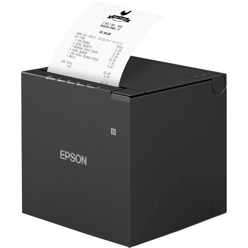 Schwarzer Epson Bondrucker für Kassen und POS-Systeme mit ausgedrucktem Kassenbeleg