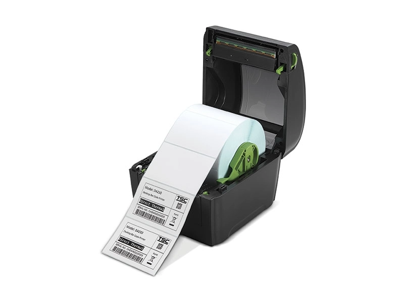 TSC DA220 direct thermal desktop label printer, open with label roll, for 203 dpi shipping labels and barcodes via USB and Ethernet