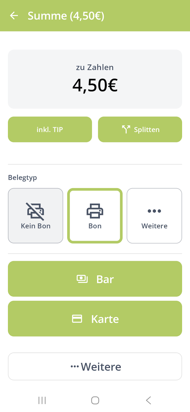ORDA Handel Android Kassensoftware Zahlungsansicht mit Belegtyp, Bar- und Kartenzahlung für moderne POS-Prozesse im Einzelhandel