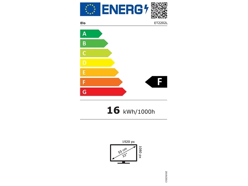 EU energy label for EloTouch 2202L 21.5-inch USB touchscreen monitor, class F, 16 kWh/1000h, Full HD display for POS kiosks