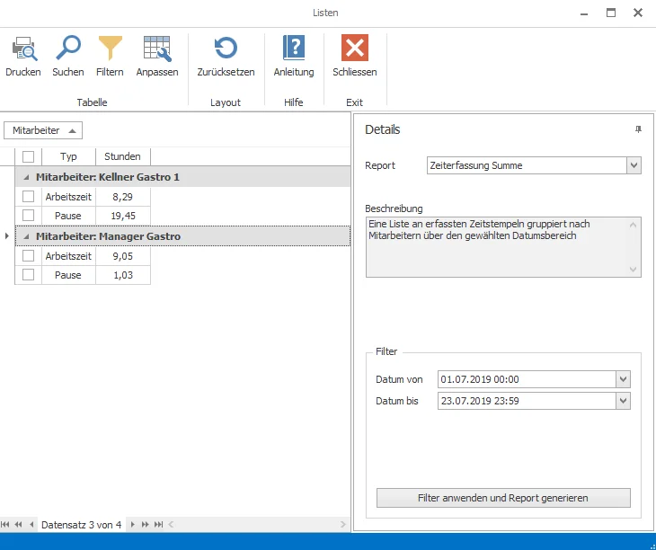 Screenshot einer Zeiterfassungssoftware mit Mitarbeiterliste