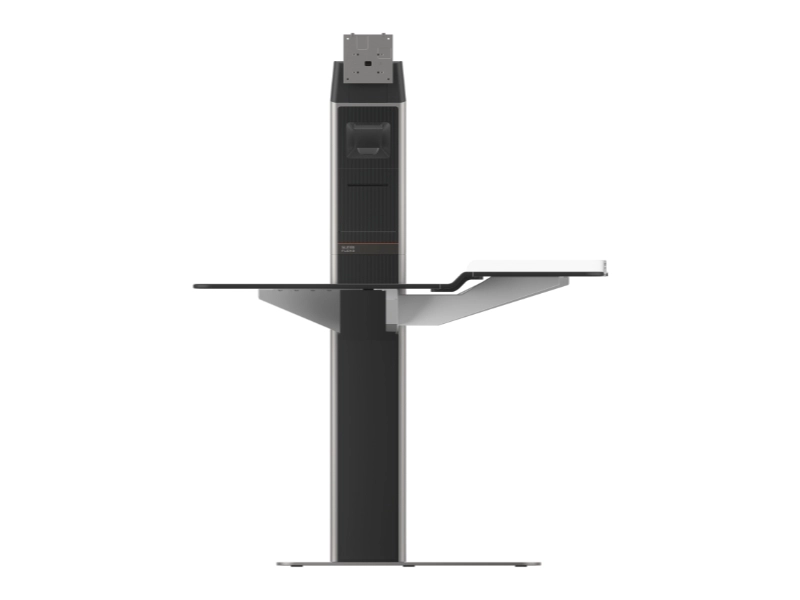 Seitenansicht eines schwarzen höhenverstellbaren TV-Standfußes mit schlanker Säule, Bodenplatte und seitlicher Ablage für AV-Geräte.
