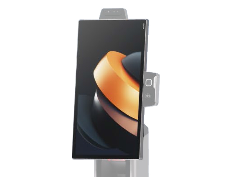 Modernes Selbstbedienungsterminal mit großem Touchscreen, seitlichem Kartenleser und Scanner für Retail- und E-Commerce-Anwendungen