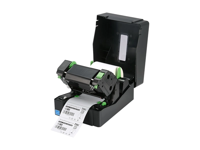 Open TSC TE310 300 dpi thermal transfer label printer printing barcode labels, with USB, Ethernet and RS232 for office, warehouse, shipping and retail