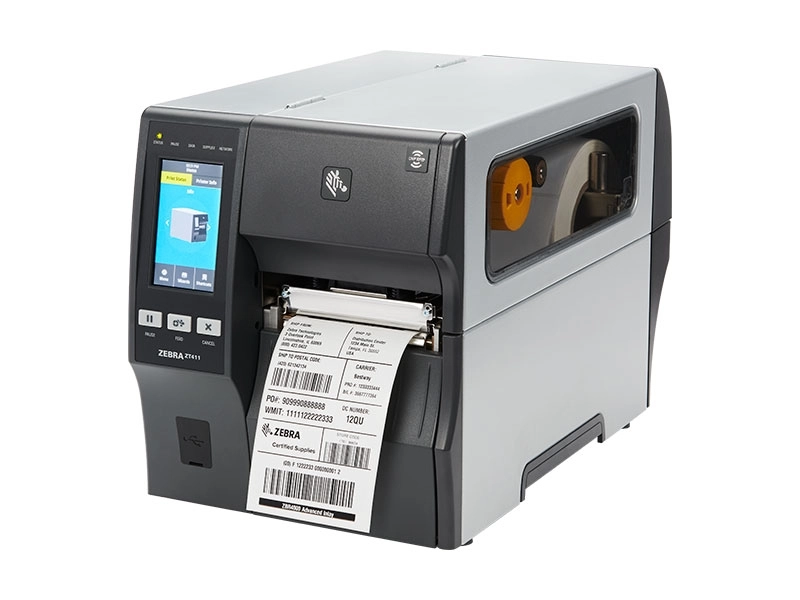 Zebra ZT411 300dpi industrial thermal transfer barcode label printer with colour display and printed shipping label for logistics and retail