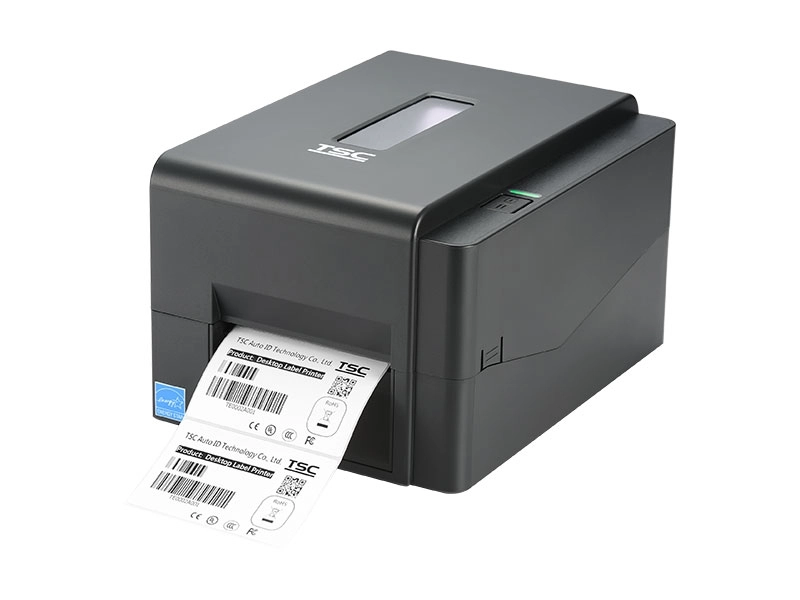 TSC TE210 203 dpi desktop thermal transfer label printer printing barcode and shipping labels for retail, with USB, Ethernet and RS232 connectivity