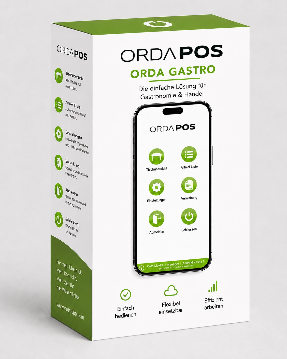 ORDA POS Orda Gastro Android-Kassen-App für Gastronomie mit Tischübersicht, Artikel-Liste, Verwaltung und Einstellungen auf Smartphone-Verpackung
