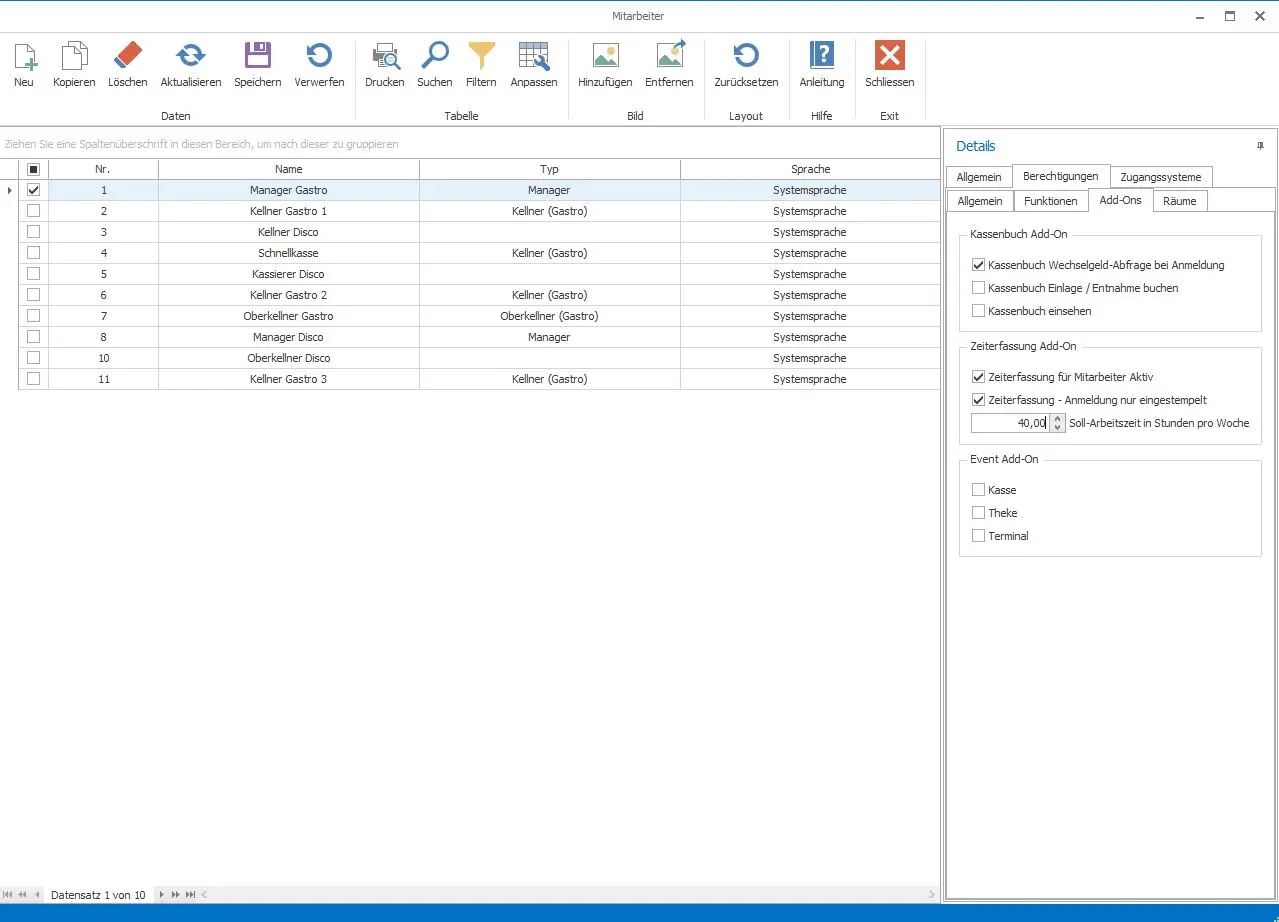 Software-Oberfläche zur Verwaltung von Gastro-Mitarbeitern