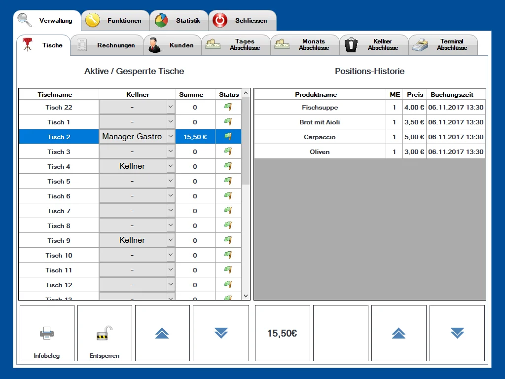 Bildschirm einer Gastro Kassensoftware mit Tischübersicht