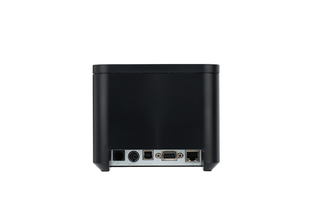Rückansicht des schwarzen MagicPOS Sam4S H-Cube 102 Bondruckers mit USB-, Netzwerk- und seriellen Anschlüssen für Kasse, POS und Gastronomie