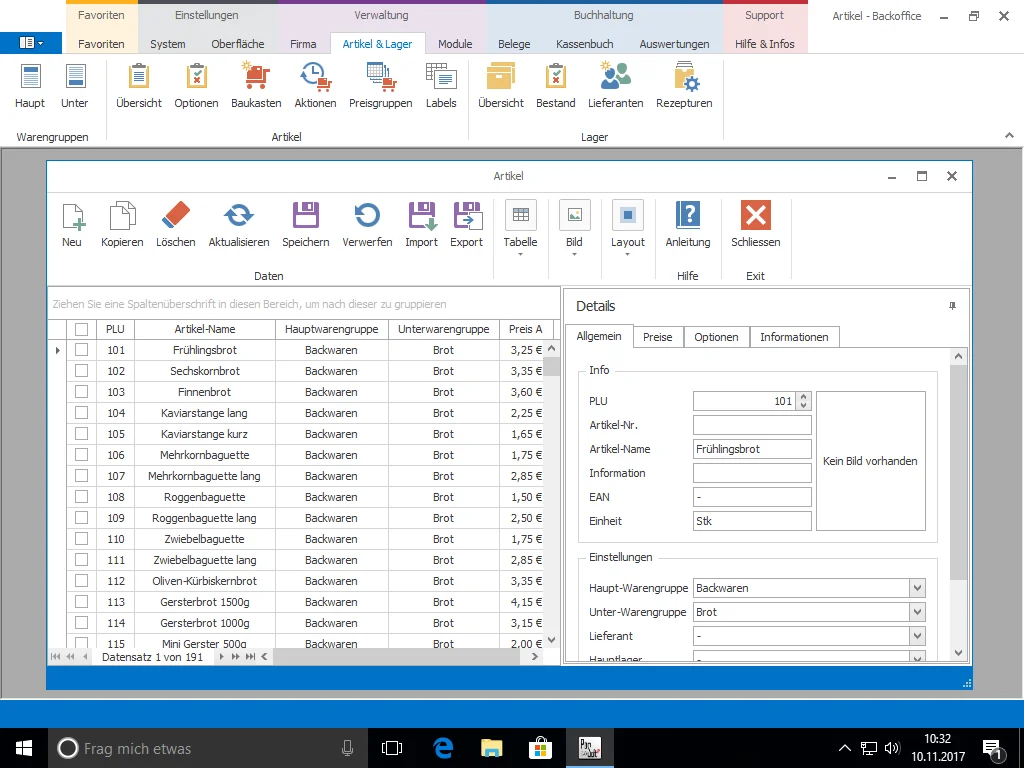 Screenshot einer Warenwirtschaftssoftware für Backwaren