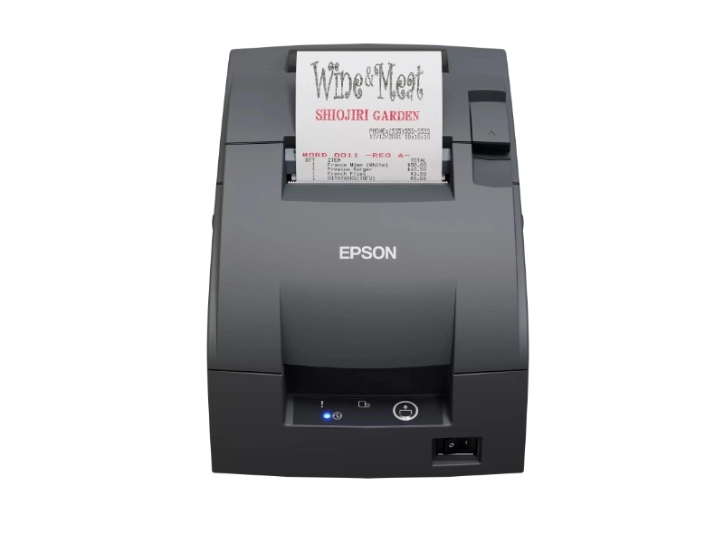 Schwarzer Epson TM-U220IID Bon-Nadeldrucker mit ausgedrucktem Kassenbon, 76 mm, RS232, inkl. Netzteil für Kasse und Gastronomie