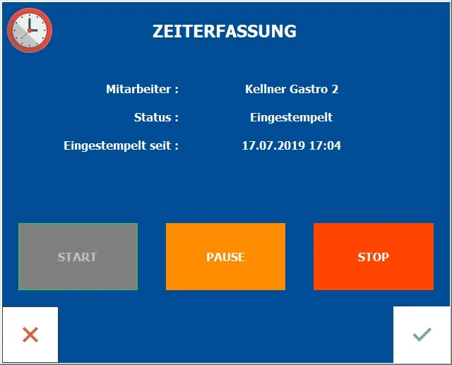 Zeiterfassung mit Status eingestempelt und Bedienfeldern
