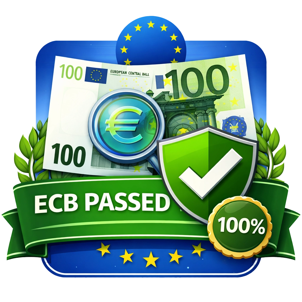 ECB Passed 100% Siegel mit 100-Euro-Schein, Euro-Symbol und grünem Schutzschild als Produktgrafik für geprüfte Euro-Banknoten