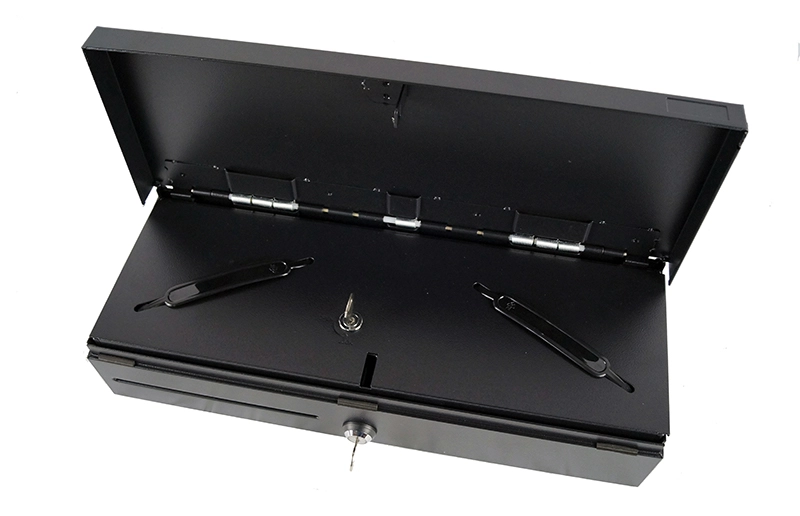 MagicPOS 410FT Kassenklapplade schwarz, nach oben geöffnet, robuste Metall-Kassenlade für POS-Systeme mit Schloss und Frontschlitz