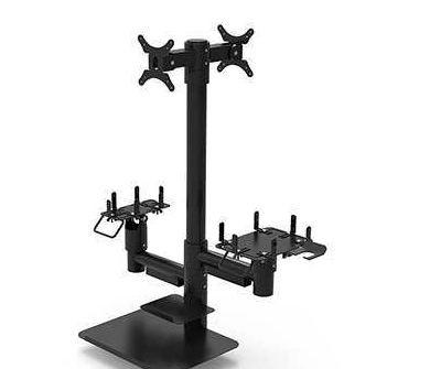 Schwarzer Dual-Monitorständer mit VESA-Halterungen, stabiler Bodenplatte und seitlichen Ablagen für ergonomischen Arbeitsplatz