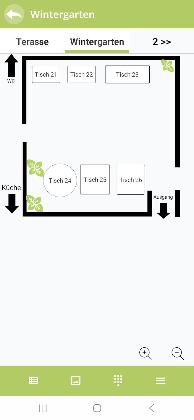 Tischplan Wintergarten in der Orda Gastro Android Kassensoftware mit Tischen, Küche, WC und Ausgang für digitales Tischmanagement