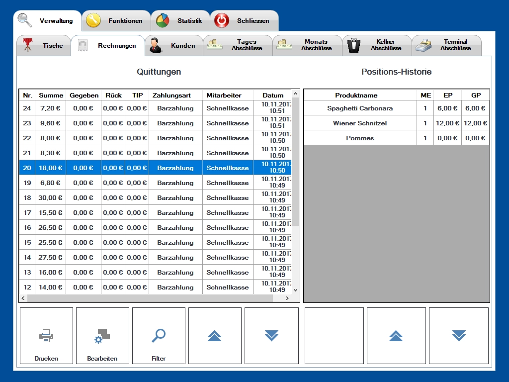 Screenshot Kassensoftware mit Quittungen und Artikelliste