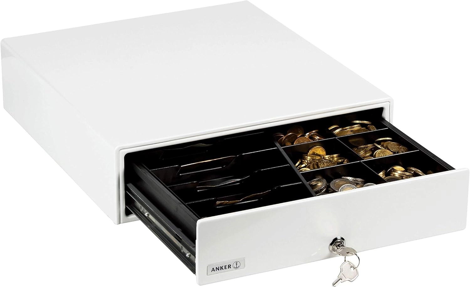 Glossy white ANKER MDX13E POS cash drawer kit, open with coin and bill compartments, lock and keys, RJ12 24V for retail and hospitality tills
