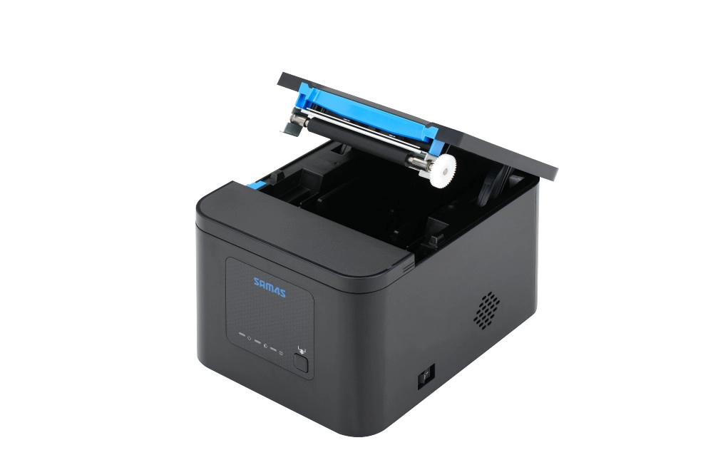 Schwarzer MagicPOS Sam4S H-Cube 102 Bondrucker mit geöffnetem Papierfach für Kasse, POS und Gastronomie, mit USB, Netzwerk und serieller Schnittstelle