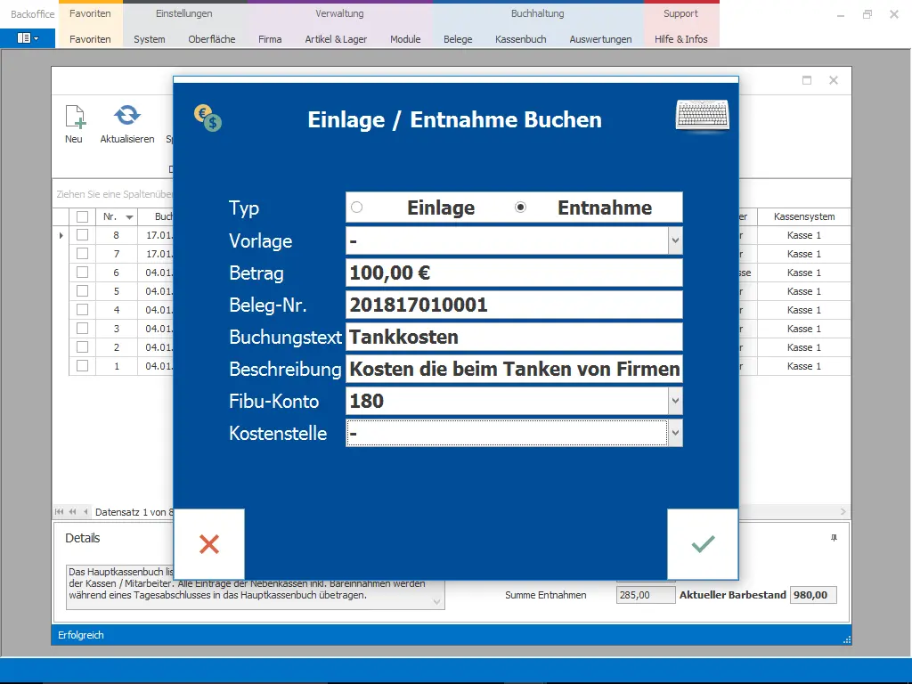 Screenshot Kassensoftware mit Maske Einlage Entnahme buchen