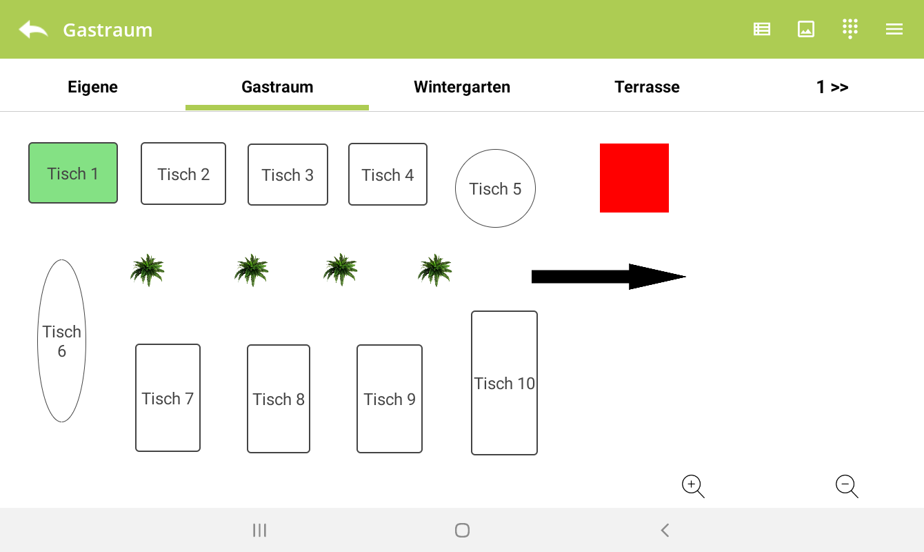 Tischplan der Gastro Android Orda App Kassensoftware von GastroSoft für digitales Tischmanagement in Restaurant, Café, Bar und Gastronomie