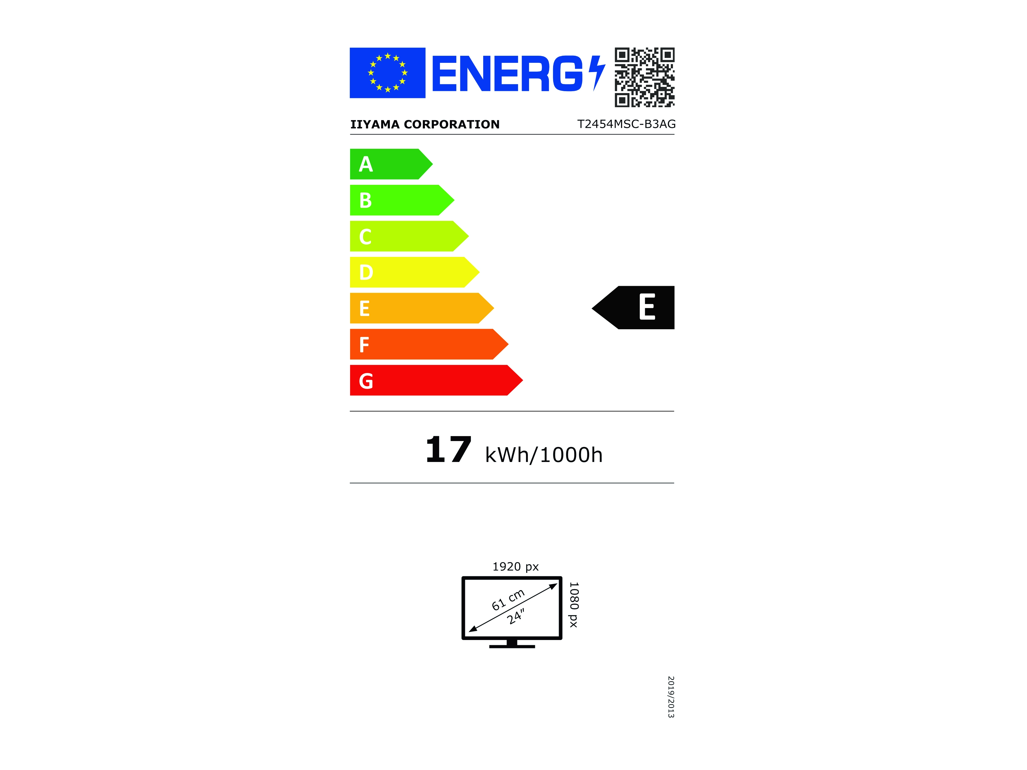 EU-Energielabel des iiyama ProLite T2454MSC-B3AG 23,8 Zoll Full-HD-Touchmonitors mit Effizienzklasse E und 17 kWh/1000h