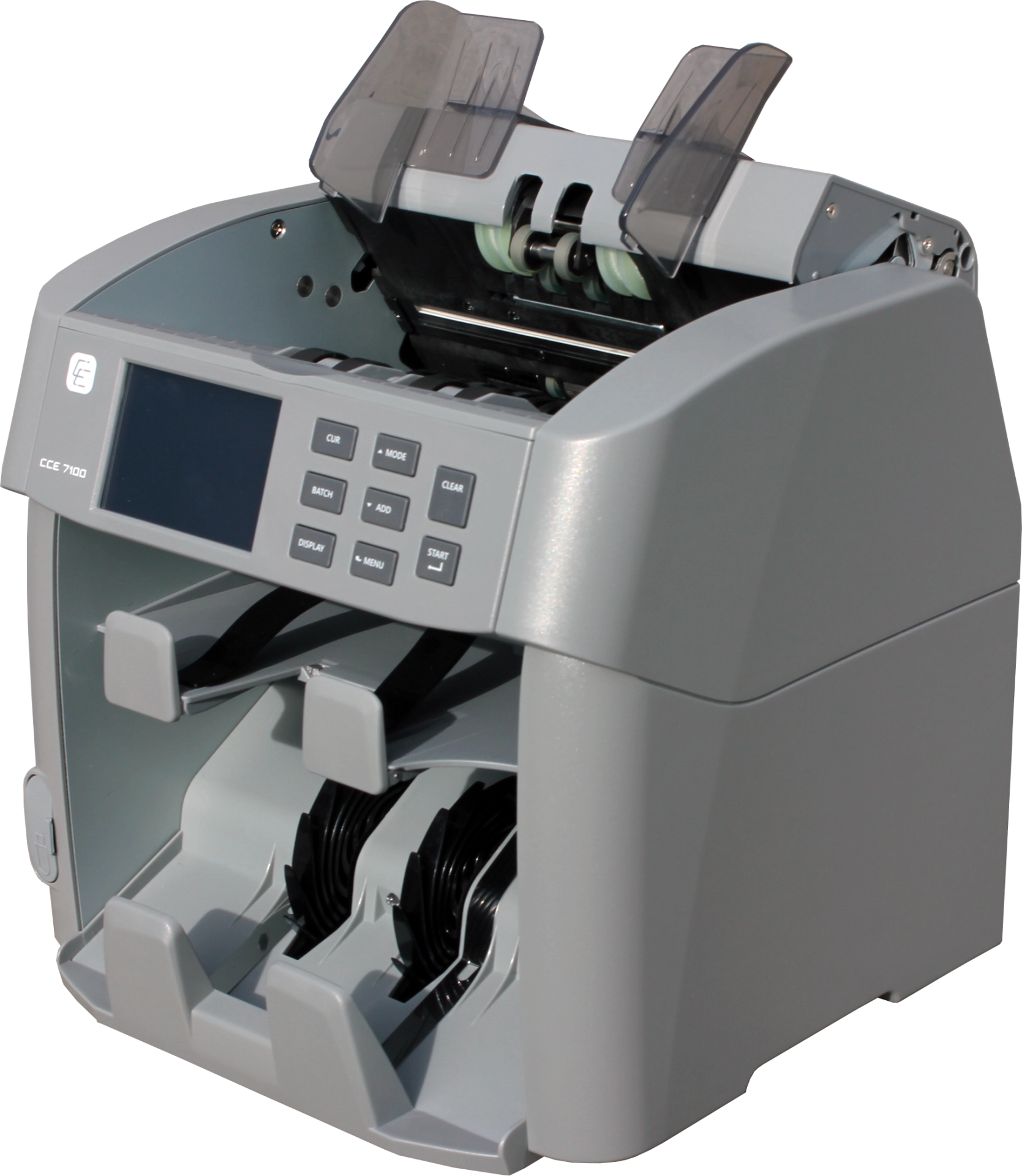 Graue CCE 7100 Geldzählmaschine mit Bedienfeld, Display, Einzug und zwei Sortierfächern für Banknoten im professionellen Einsatz