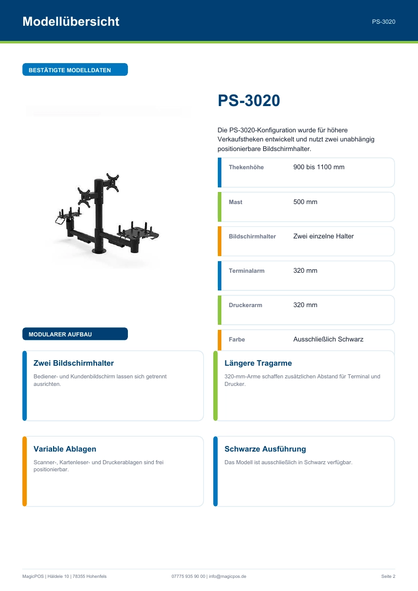 Modellübersicht der PS-3020 POS-Halterung in Schwarz mit zwei Bildschirmhaltern, Terminalarm, Druckerarm und variablen Ablagen.
