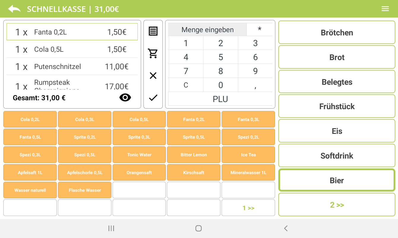 Screenshot der ORDA Handel Android Kassensoftware mit Schnellkasse, Artikeltasten, Warenkorb und Kategorien für digitale POS-Prozesse im Einzelhandel.