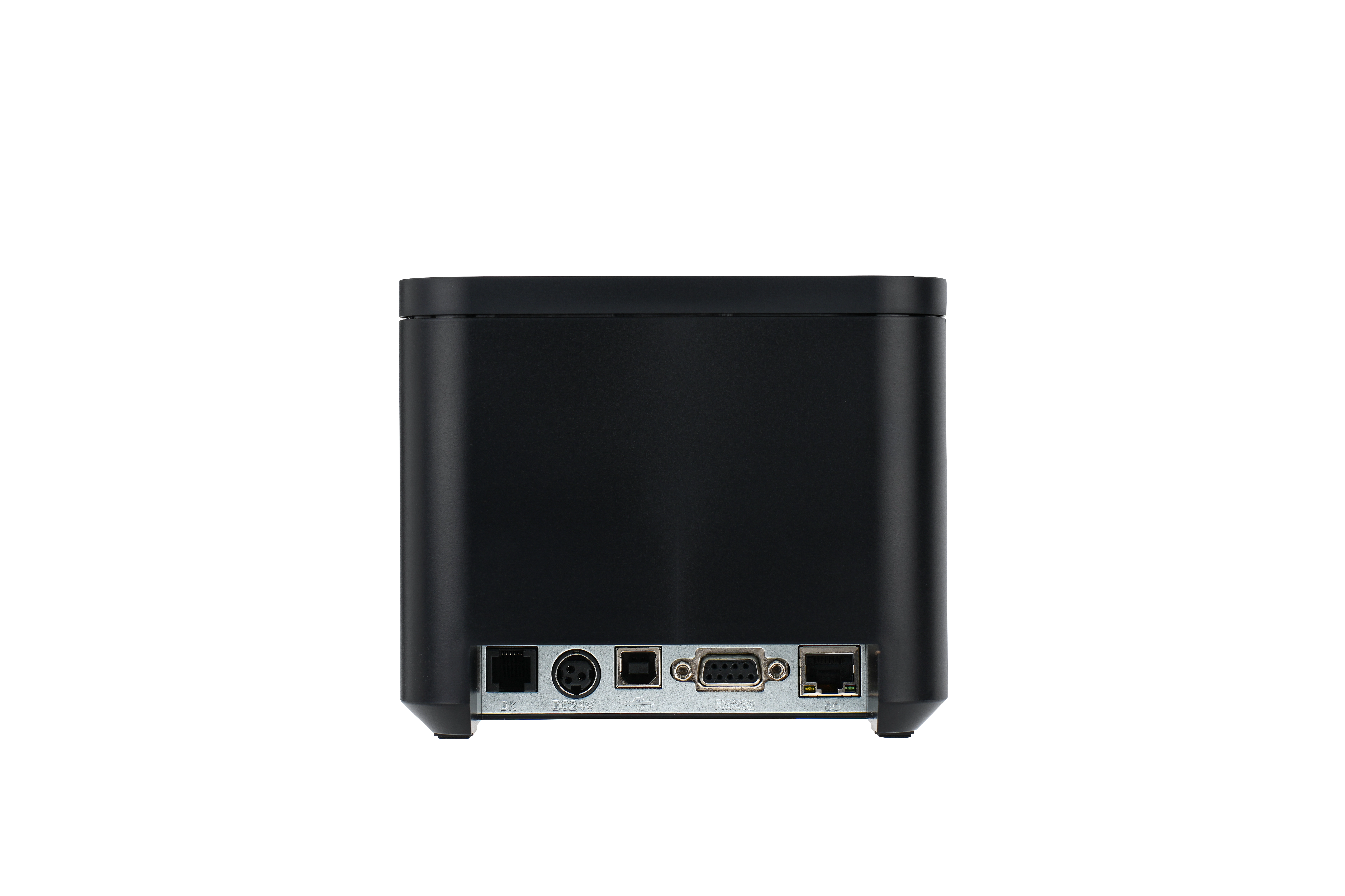 Rückansicht des schwarzen MagicPOS Sam4S H-Cube 102 Bondruckers mit USB, WLAN, Bluetooth und Anschlüssen für Kasse und POS