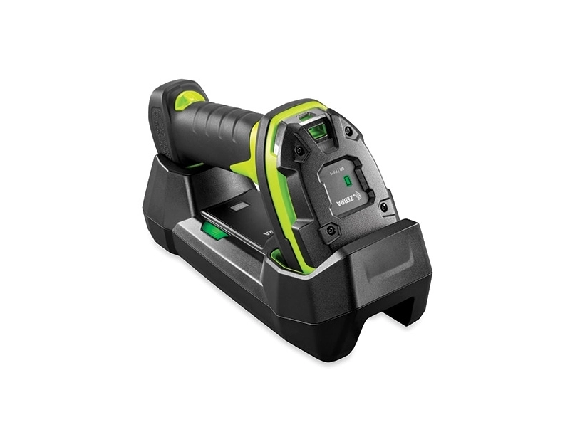 Rugged Zebra DS3678-SR 1D/2D Bluetooth barcode scanner in cradle, ideal for warehouse scanning and USB kit use.