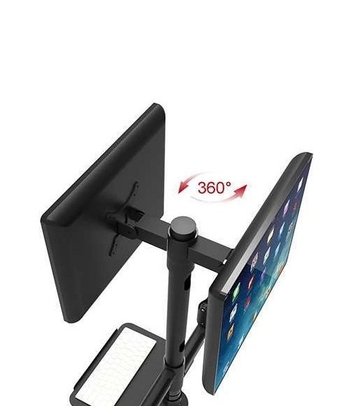 Schwarzer Dual-Monitorarm mit zwei Bildschirmen und 360°-Drehfunktion für flexible Arbeitsplatzgestaltung