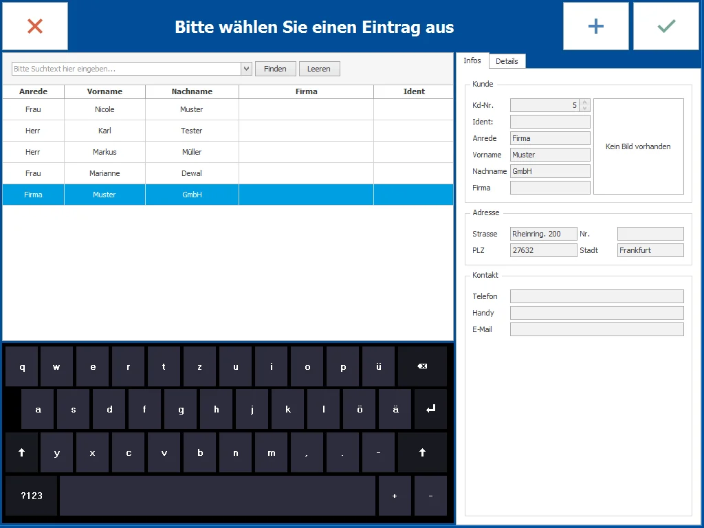 Benutzeroberfläche zur Auswahl und Bearbeitung von Kundendat