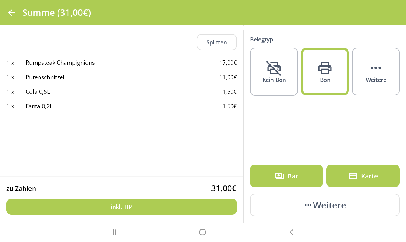 Android Orda Gastro Kassensoftware zeigt Zahlungsvorgang mit Rechnungssplit, Bon-Druck sowie Bar- und Kartenzahlung für Gastronomie