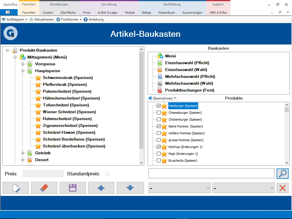 Screenshot Artikel-Baukasten zum Anlegen von Mittagsmenüs