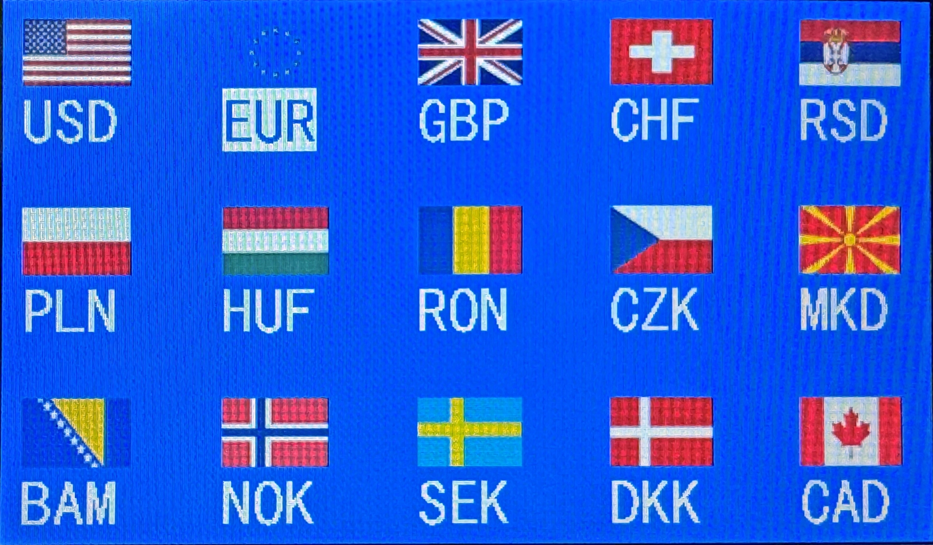 Display des Cash Concepts CCE 7001 Banknotenzählers mit Währungsauswahl für USD, EUR, GBP, CHF und weitere Sorten