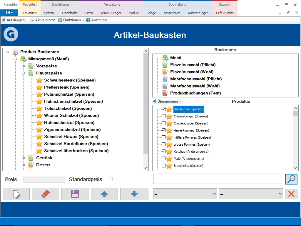 Screenshot eines Artikel-Baukastens für Mittagsmenü-Speisen