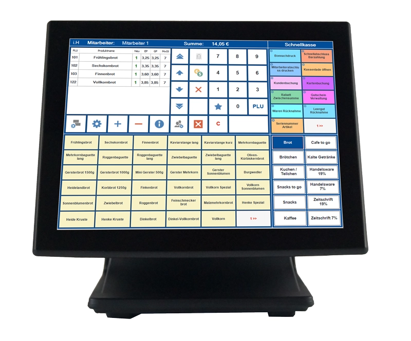 Touchscreen-Kassensystem mit Bäckerei-Bedienoberfläche