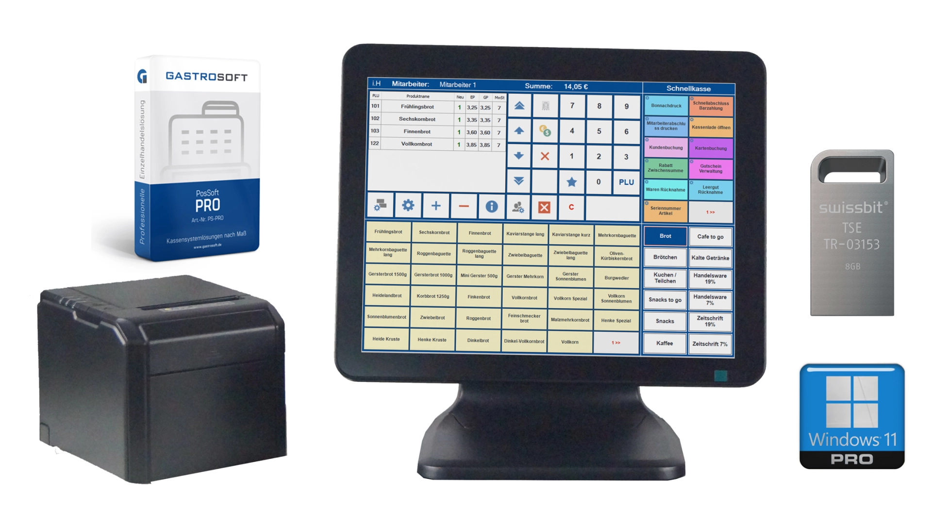 MagicPOS 15-Zoll-Touch-Kassensystem für den Handel mit Bondrucker, PosSoft, Swissbit TSE und Windows 11 Pro
