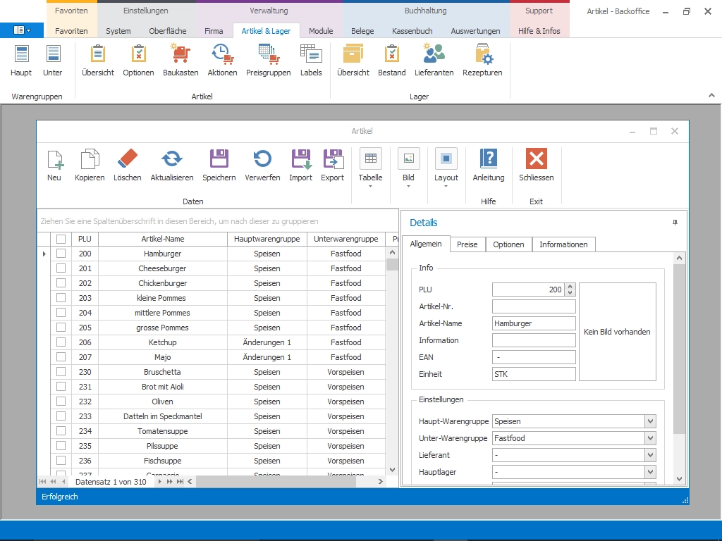 Screenshot einer Backoffice-Artikelverwaltung