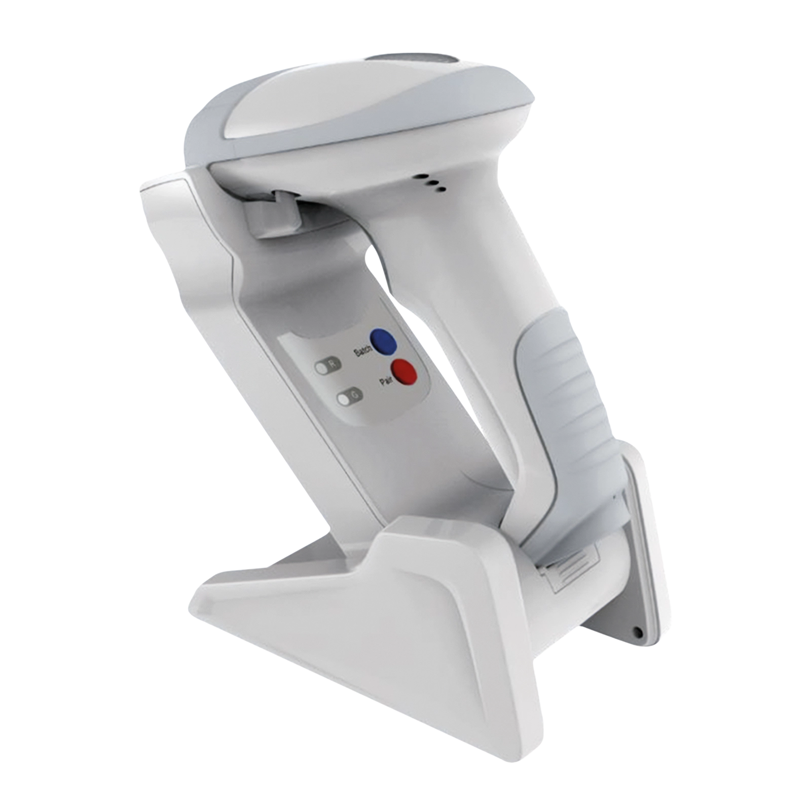 Weißer Newland HR32 Marlin HC 1D/2D Bluetooth-Barcodescanner in Ladestation für Healthcare und Klinik, desinfizierbar