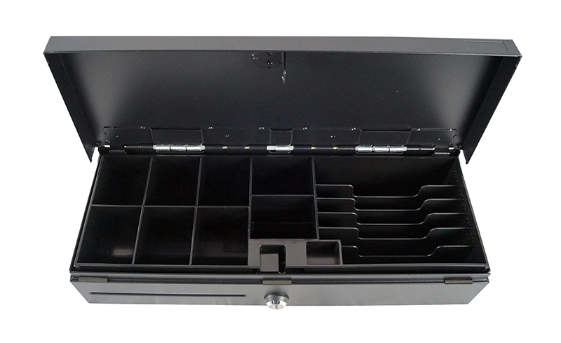 Geöffnete schwarze MagicPOS 410FT Kassenklapplade mit 6 Scheinfächern und 8 Münzfächern, nach oben öffnende Metall-Kassenlade für POS-Systeme