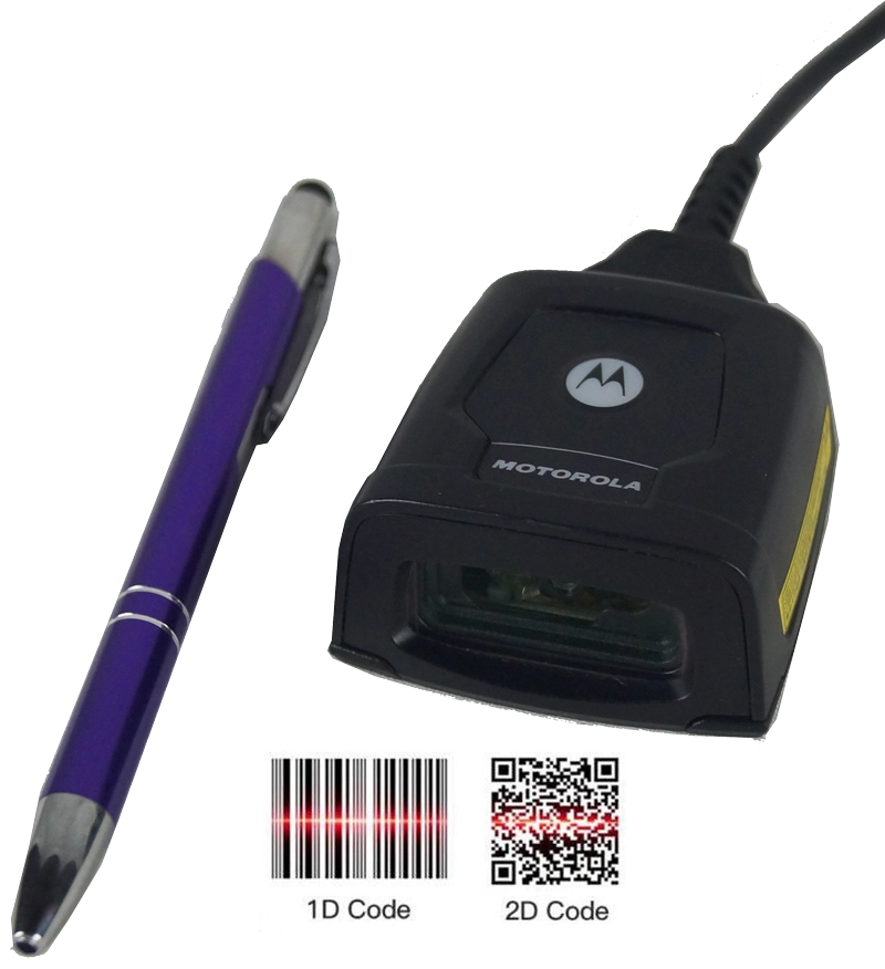Refurbished Zebra DS457 USB hands-free barcode scanner for 1D and 2D codes, shown with EAN barcode and QR code scanning examples