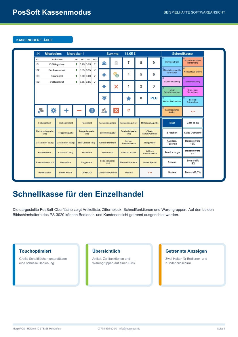 Beispielansicht des PosSoft Kassenmodus mit Artikelliste, Ziffernblock, Schnellfunktionen und Warengruppen für eine touchoptimierte Einzelhandelskasse